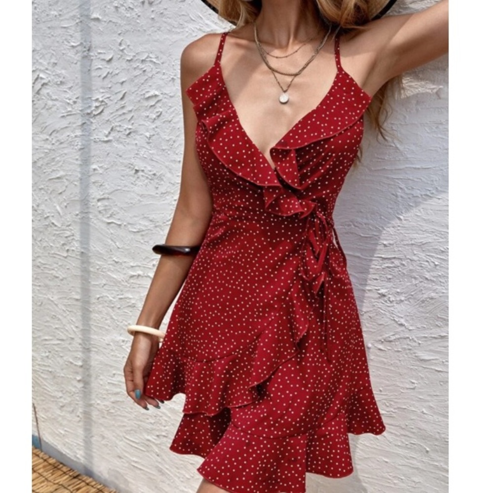 Boho polka dot ruffle cami mini dress